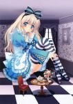  absurdres alice_(wonderland) alice_in_wonderland blonde_hair blue_eyes book bow card carnelian chair cup dress earrings giantess hair_bow highres jewelry lace playing_card pocket_watch striped striped_legwear table teacup teapot teaspoon thigh-highs thighhighs watch 