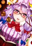  book bow cookie food fua_yuu glasses hat long_hair open_mouth patchouli_knowledge pocky purple_hair red_eyes solo touhou 