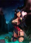  2girls ahri animal_ears annie_hastur bare_shoulders black_hair blowing_kiss blown_kiss breasts cleavage facial_mark fox_ears fox_tail heart highres instant-ip large_breasts league_of_legends long_hair multiple_girls night parted_lips revision tail teemo thighs water when_you_see_it yellow_eyes 