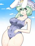  animal_ears breasts bunny_ears cleavage cloud clouds fake_animal_ears green_eyes green_hair hat one-piece_swimsuit open_mouth rabbit_ears shikieiki_yamaxanadu short_hair sky smile solo suetsuki_nagomu swimsuit touhou 