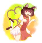  animal_ears bell blush brown_hair cat_ears cat_tail chen fang heart heart_tail jewelry jingle_bell looking_at_viewer multiple_tails paw_pose red_eyes roteri_(roteri_69) single_earring smile solo tail touhou 