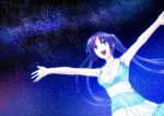  blue_eyes blue_hair breasts kyougoku_touya long_hair night open_mouth original outstretched_arms sky smile solo star_(sky) starry_sky 