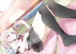  blush grey_hair kneehighs nopan original phone red_eyes seifuku short_hair skirt usotsukiya 