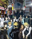  animal_helmet arm_hug black_eyes black_hair blonde_hair blue_eyes bob_cut bodysuit bowtie brown_eyes brown_hair celty_sturluson character_request cigarette cityscape coat doburoku_(dobuleed) dullahan durarara!! everyone fur_trim glasses hachimaki hairlocs harima_mika hat headband heiwajima_shizuo helmet highres jacket kadota_kyouhei karisawa_erika kida_masaomi kishitani_shinra labcoat long_hair miniskirt motorcycle_helmet multiple_boys necktie orihara_izaya pantyhose pleated_skirt raised_eyebrow red_eyes ryuugamine_mikado school_uniform short_hair siblings sign simon_brezhnev skirt smile smirk smoking sonohara_anri squatting sunglasses tanaka_tom title_drop togusa_saburou vest yagiri_namie yagiri_seiji yellow_eyes yumasaki_walker 