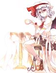  ascot bad_id chair cup enje_(pixiv3289887) flower hat hat_ribbon highres open_mouth puffy_sleeves red_eyes remilia_scarlet ribbon rose short_hair short_sleeves silver_hair sitting solo table teacup thighhighs touhou wrist_cuffs wrist_ribbon 