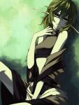  1girl bare_shoulders green_eyes green_hair long_pointy_ears mizuhashi_parsee navel off_shoulder pointy_ears shiren_(monochrome_structure) short_hair sitting sleeveless solo touhou 