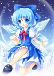  blue_eyes blue_hair blush bow cirno fukase_ayaka hair_bow ice ice_wings open_mouth puffy_sleeves short_hair short_sleeves solo touhou wings 