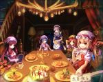  apron ascot bat_wings blonde_hair blue_hair book bow braid cake chair chandelier chinese crescent flandre_scarlet food green_eyes grey_eyes grey_hair hair_bow hat highres hong_meiling izayoi_sakuya long_hair maid_headdress multiple_girls patchouli_knowledge purple_eyes purple_hair red_eyes red_hair redhead remilia_scarlet short_hair side_ponytail sitting stairs star touhou translated twin_braids violet_eyes waist_apron wings wrist_cuffs zerii_(cdcdqqq) 