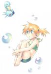  1girl artist_request barefoot bikini_top bubble green_eyes horsea kasumi_(pokemon) leg_hug misty_(pokemon) orange_hair pokemon pokemon_(anime) pokemon_(creature) short_hair shorts side_ponytail simple_background sitting swimsuit upside-down white_background 