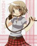  :d absurdres aoki_ume belt brown_eyes brown_hair casual hair_ornament hairclip hidamari_sketch highres official_art open_mouth phone short_hair skirt smile solo yuno 