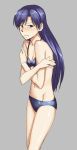 bikini blue_hair blush brown_eyes covering covering_breasts crossed_arms embarrassed flat_chest idolmaster inu_(aerodog) kisaragi_chihaya long_hair looking_at_viewer navel simple_background solo swimsuit 