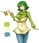  alternate_costume breasts color_guide green_hair kazami_yuuka large_breasts red_eyes short_hair simple_background smile solo sweater touhou unadare watering_can 