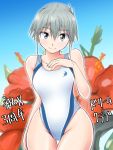  competition_swimsuit dream_c_club flower grey_eyes hibiscus highres hisakabe_oune one-piece_swimsuit receptionist_(dream_c_club) short_hair silver_hair swimsuit 