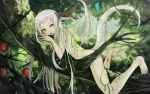  1girl :p barefoot branch butterfly forest fruit green_eyes harano highres horn long_hair monster_girl nature nude original solo tail tongue tree white_hair 