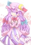  book bow crescent hair_bow hat hug kana_toto leaf long_hair long_sleeves maple_leaf patchouli_knowledge puffy_sleeves purple_eyes purple_hair solo touhou very_long_hair violet_eyes 