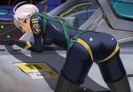  ahoge all_fours ass bent_over black_legwear bodysuit breasts from_behind highres latex mimura_kaoru red_eyes short_hair silver_hair smile solo thighhighs uchuu_senkan_yamato uchuu_senkan_yamato_2199 yamamoto_akira 