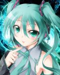  :p bare_shoulders bust detached_sleeves finger_to_chin fuyuno_taka green_eyes green_hair hatsune_miku headset long_hair looking_at_viewer nail_polish necktie solo tongue twintails vocaloid 