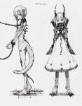  chain chains dated highres horns looking_at_viewer monochrome monster_girl multiple_girls nude original pointy_ears short_hair simple_background sketch tail toi_(number8) traditional_media white_background 