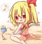  ass back bikini blonde_hair blush bucket chibi commentary commentary_request fang flandre_scarlet hair_ribbon heart kisa_(k_isa) musical_note open_mouth polka_dot polka_dot_bikini polka_dot_swimsuit red_bikini red_eyes ribbon sand shovel side_ponytail sitting smile solo spoken_musical_note swimsuit touhou turning wariza wings worktool 