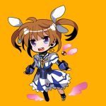  armor brown_hair chibi dress fingerless_gloves gloves hair_ribbon lowres lyrical_nanoha magical_girl mahou_shoujo_lyrical_nanoha mahou_shoujo_lyrical_nanoha_a&#039;s mahou_shoujo_lyrical_nanoha_a's mahou_shoujo_lyrical_nanoha_the_movie_2nd_a&#039;s mahou_shoujo_lyrical_nanoha_the_movie_2nd_a's open_mouth puffy_sleeves purple_eyes raising_heart ribbon short_twintails simple_background solo takamachi_nanoha twintails unmaki violet_eyes 