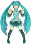  and aqua_eyes aqua_hair black_legwear blush detached_sleeves foreshortening hatsune_miku long_hair looking_at_viewer outstretched_arms simple_background skirt smile solo thigh-highs thighhighs thumbs_up twintails very_long_hair vocaloid white_background 