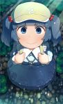  1girl backpack bag blue_eyes blue_hair dress from_above hair_bobbles hair_ornament hat highres kawashiro_nitori key long_sleeves looking_at_viewer monosenbei partially_submerged pebble pocket river shirt short_hair skirt skirt_set smile solo stream touhou twintails water 