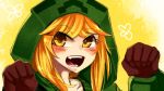  1girl at2. blonde_hair bust clenched_hand creeparka creeper gloves minecraft open_mouth solo teeth yellow_eyes 