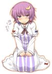  alternate_hair_length alternate_hairstyle blush crescent kneeling no_hat no_headwear patchouli_knowledge purple_eyes purple_hair rock_heart rough short_hair simple_background solo striped tears touhou translation_request violet_eyes white_background 