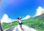  balancing black_hair blue_sky cloud clouds field grass grin guard_rail hill landscape long_hair midriff mountain original outstretched_arms pleated_skirt road scenery school_uniform senni skirt sky smile solo spread_arms squatting telephone_pole valley 