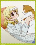  1girl absurdres blonde_hair blush casual cat hammock hidamari_sketch highres miyako official_art pillow scan smile yellow_eyes 