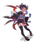  alternate_costume asymmetrical_wings black_hair black_legwear dress grin houjuu_nue japanese_clothes kimono long_hair mitsumoto_jouji panties pantyshot pointy_ears red_eyes simple_background smile snake solo thigh-highs thighhighs touhou underwear white_background white_panties wings 