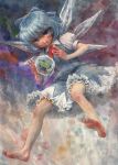  barefoot blue_eyes blue_hair bow cirno dress frog frozen hair_bow ice ice_wings looking_at_viewer misawa_hiroshi open_mouth short_hair short_sleeves smile solo touhou traditional_media watercolor_(medium) wings 