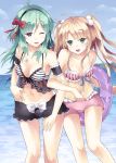  bikini_top blonde_hair blue_sky bow cloud clouds collarbone crescent green_eyes green_hair hair_bobbles hair_bow hair_ornament hairband highres innertube jewelry locked_arms long_hair multiple_girls navel necklace open_mouth original pendant purple_eyes rasahan shorts sky smile twintails violet_eyes wink 
