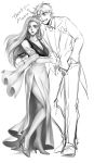 1boy 1girl breasts cleavage dress formal greyscale high_heels highres holding holding_sunglasses jojo_no_kimyou_na_bouken joseph_joestar_(young) lisa_lisa monochrome mother_and_son sappo side_slit sketch suit sunglasses 