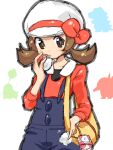  bag blush bow brown_hair cabbie_hat chikorita cyndaquil hat holding holding_poke_ball kotone_(pokemon) low_twintails overalls poke_ball pokemon pokemon_(game) pokemon_hgss simple_background tegaki totodile white_background 