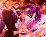  bishounen fire japanese_clothes jpeg_artifacts kamui_gakupo long_hair male ponytail purple_hair sword violet_eyes vocaloid weapon 