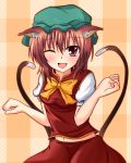  animal_ears blush bow brown_eyes brown_hair cat_ears cat_tail chen earrings fang fookun hat highres jewelry multiple_tails navel open_mouth puffy_sleeves short_hair short_sleeves solo tail touhou wink 