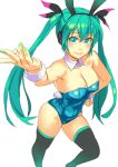  and animal_ears aqua_eyes aqua_hair bare_shoulders black_legwear blush boots breasts bunny_ears bunny_tail bunnysuit foreshortening hand_on_hip hatsune_miku headphones large_breasts long_hair outstretched_arm rabbit_ears simple_background smile solo tail thigh-highs thigh_boots thighhighs twintails very_long_hair vocaloid white_background 