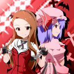  bat_wings blue_hair brown_hair cross crossover fingerless_gloves forehead fueiku gloves hair_ornament hairband hat hat_ribbon idolmaster long_hair minase_iori multiple_girls my_dear_vampire nail_polish puffy_sleeves red_eyes remilia_scarlet ribbon short_hair smile touhou wings 