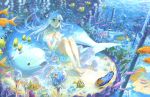  animal anklet bangs barefoot beads beluga_whale blue_eyes blue_hair bubble caustic_lighting clam dress feet fish fishbowl fuumi_(radial_engine) hair_ornament hand_on_own_chest highres jewelry kyouya_kakehi long_hair looking_at_viewer marker_(medium) original pearl pillar purple_hair scenery sea_slug sitting solo toenail_polish toes traditional_media underwater water whale 