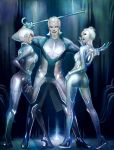  2girls ass bodysuit cane facial_mark forehead_mark gem_(tron) hand_on_hip larbesta multiple_girls short_hair siren_(tron) topknot tron tron:_legacy white_hair zuse_(tron) 