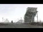  bicycle building cityscape dated debris highres hiroshima hiroshima_peace_memorial landmark letterboxed monochrome original ruins scenery seo_tatsuya signature sky telephone_pole train tree 