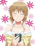  bare_shoulders blush breasts brown_hair cleavage closed_eyes cup eyes_closed flower grin hagiwara_yukiho idolmaster inu_(aerodog) jacket off_shoulder open_clothes open_jacket short_hair smile solo steam 