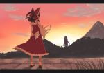  bow cloud clouds creature evening from_behind full_body gohei hair_bow hakurei_reimu letterboxed mountain saboten_(tokisabo) short_hair signature silhouette sky solo standing sunset touhou twilight 