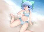  aenobas alternate_costume barefoot blue_eyes blue_hair bow cirno collarbone hair_bow hammer_(sunset_beach) ice ice_wings navel short_hair solo swimsuit touhou wings 