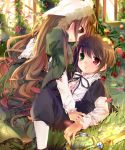  androgynous blush brown_hair dress flower grass green_eyes heterochromia llaoi_h long_hair looking_at_another lying multiple_girls on_back on_person pantyhose red_eyes rozen_maiden scissors souseiseki suiseiseki 