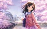  brown_eyes brown_hair cherry_blossoms goto_p headphones long_hair possible_duplicate seifuku 