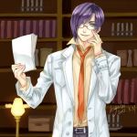  blue_eyes book dated final_fantasy final_fantasy_type-0 futahito_kazusa glasses kaga labcoat library necktie purple_hair short_hair signature solo 