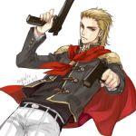  blonde_hair cape dated dual_wielding final_fantasy final_fantasy_type-0 gun kaga king_(fft-0) red_eyes signature solo weapon 