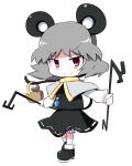  aho animal animal_ears basket capelet dowsing_rod dual_wielding grey_hair jewelry long_sleeves mouse mouse_ears mouse_tail nazrin outstretched_arms pendant puffy_sleeves red_eyes short_hair smile solo tail touhou 